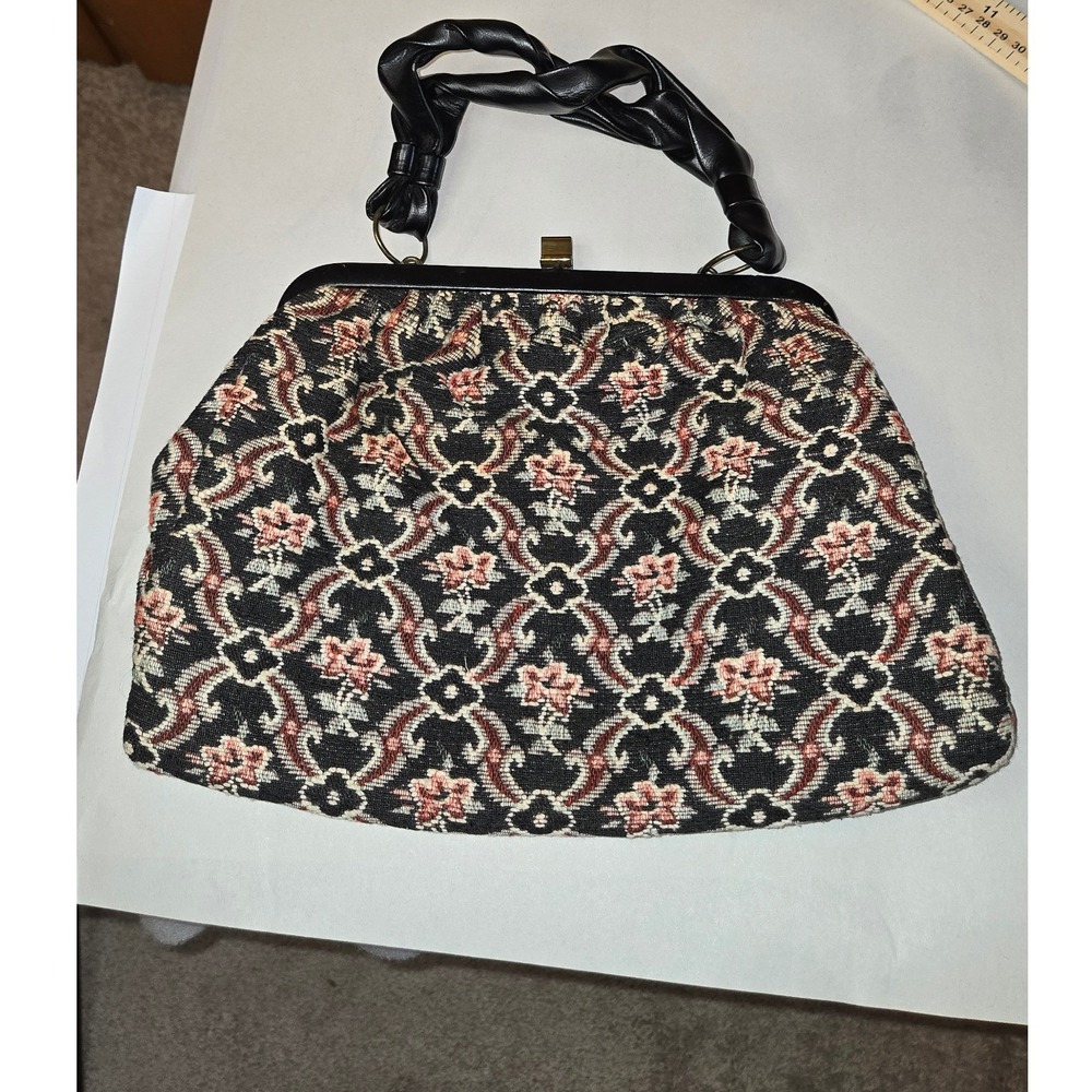 Vintage Tapestry Floral Damask Kiss Lock Frame Bag Twisted Handle Black Pink
